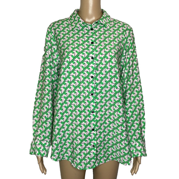 Women's Large Rachel Zoe Green Pattern Rayon Button Down Shirt - Picture 1 of 5